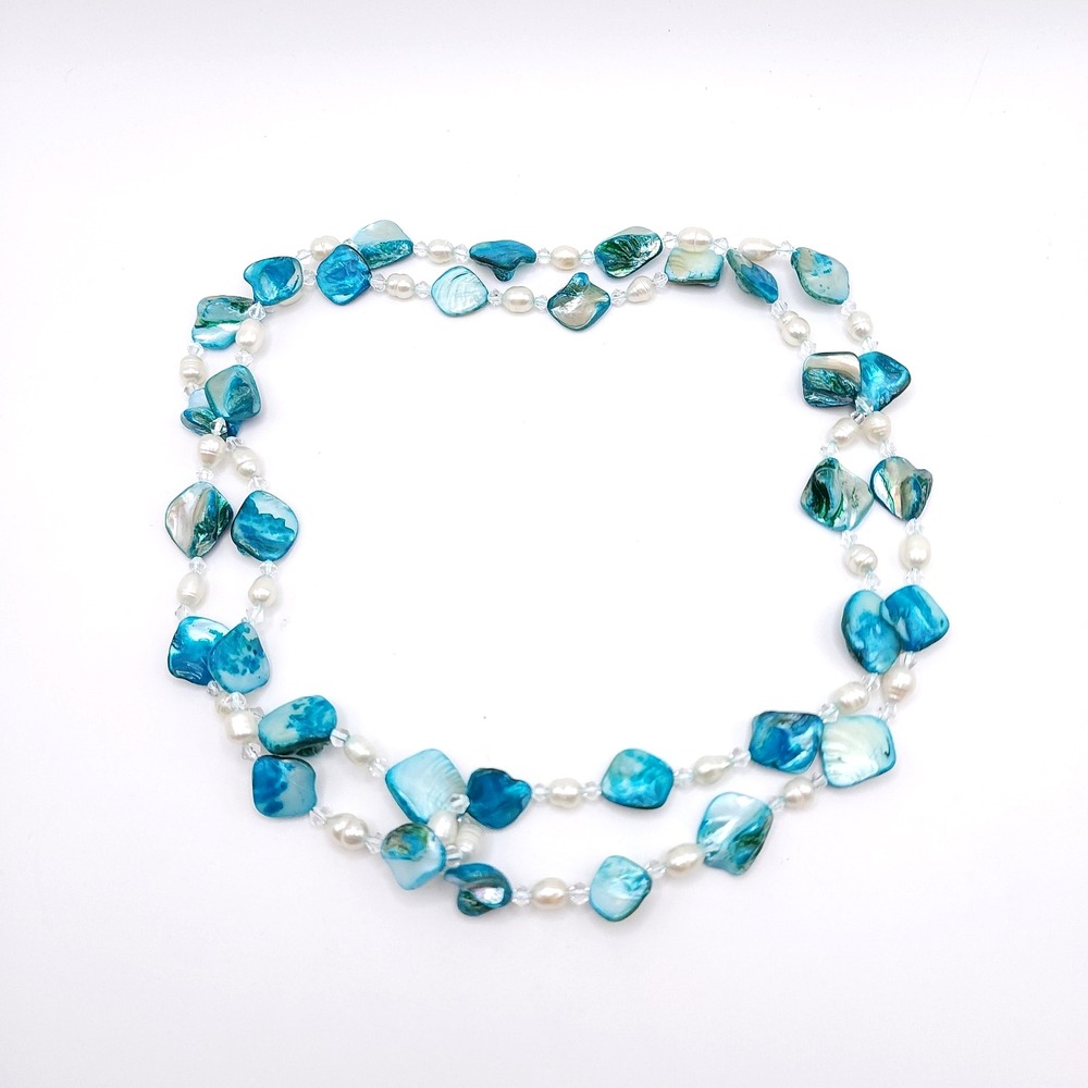 Long Mother of Pearl Shell Necklace Aqua Turquoise 46in
